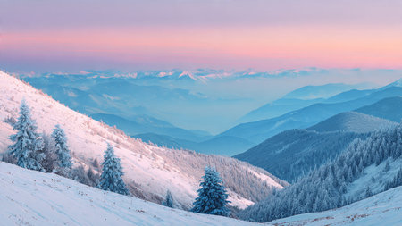 Soft pink hues illuminate highly detailed winter landscapes.の写真素材
