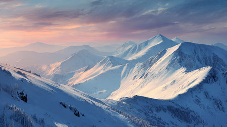 Crisp snowy mountains shimmer under pastel dawn lighting.
