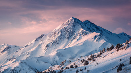 Peaceful pastel shades rise above clean icy slopes.の写真素材