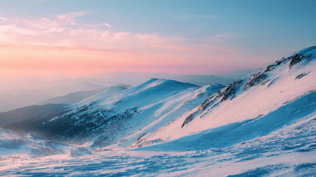Pale sunrise hues embrace the snowy mountain face, rendered in ultra-sharp style.