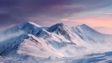 A crisp sunrise washes over frosted mountains, showcasing breathtaking clarity and a serene pastel...