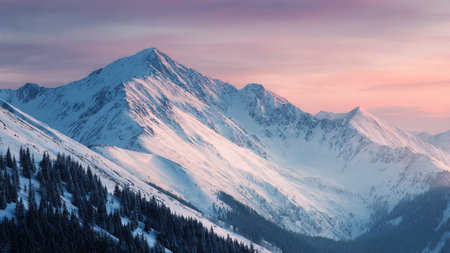 A pastel glow softens the cold mountain atmosphere.