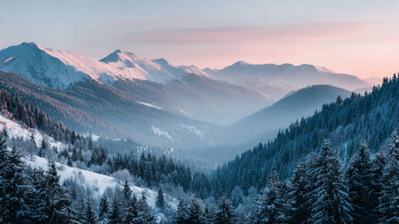 The calm winter landscape glows beneath a soft pastel morning sky.の写真素材