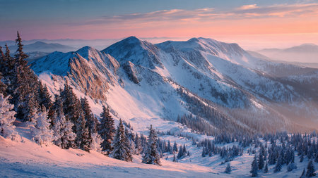 Snowy mountains glow under golden and pink hues, captured in high-definition winter clarity.