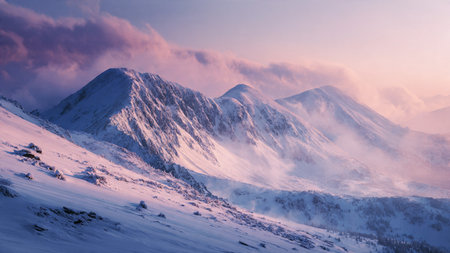 Warm dawn hues sweep across frosted peaks under an elegant winter sky.