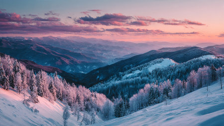 Sunrise brings soft warmth to snow-covered summits.