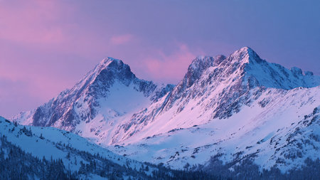Frosty mountain tops shine beneath a calm pastel sky in sharp detail.