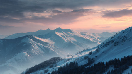 Snow caps glisten beneath a pastel sunrise sky.