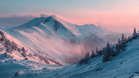 Hyper-detailed snow-covered mountains glow beneath a pastel sky.