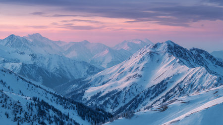 An enchanting pastel glow wraps around snow-covered highlands.