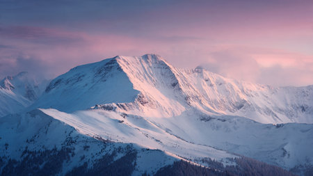 Snowy mountains bathed in pastel morning light with high-definition clarity.