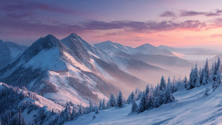 A panoramic pastel sunrise over snow-covered mountains.