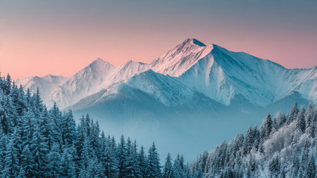A glowing pastel sky elevates the icy mountain view.の写真素材