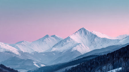 A cool pastel morning glow rests atop snowy plateaus.の写真素材