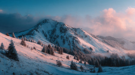 Peach-toned sunrise glows over snowy mountain lines.の写真素材