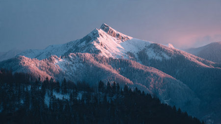 A tranquil pastel sunrise reveals clean, sharp snowy peaks.の写真素材