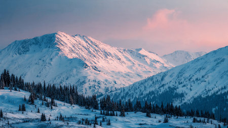 Crisp winter air and pastel sunrise colors enhance the breathtaking snow-covered mountain crest.