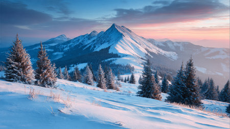 A pink sunrise palette rests above the icy ridge.