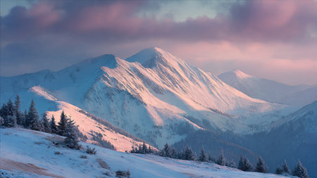 Crisp winter air enhances the clarity of pastel-lit peaks.