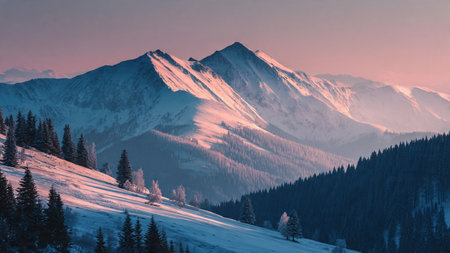 Pastel dawn tones create a radiant winter mountain scene.