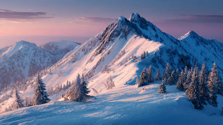 A pale blue pastel sky highlights the frozen mountain ridge.