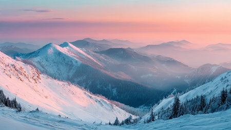 A thin veil of morning haze softens the pastel-lit, snow-covered ridges.