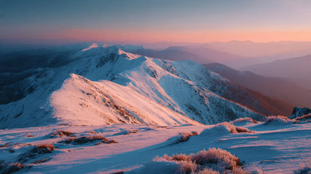 A balanced pastel gradient warms the icy peaks.