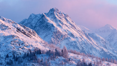 Soft sunrise tones highlight a pristine winter peak.