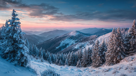 The pastel sunrise resembles a soft aurora shimmering above icy peaks.