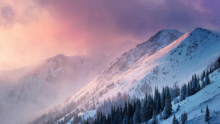 A crisp sunrise paints snowy peaks with delicate warmth.