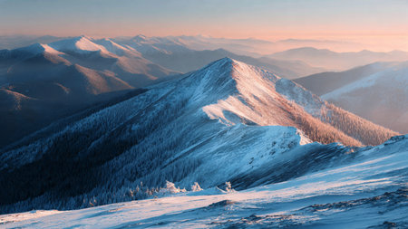 Soft pastel hues illuminate icy mountain peaks in crisp, high-definition winter detail.の写真素材
