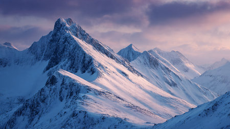 A peaceful sunrise highlights the frosted mountain features beautifully.