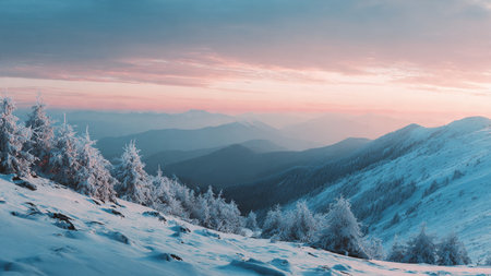 A stunning winter range illuminated by pastel dawn light with razor-sharp clarity.