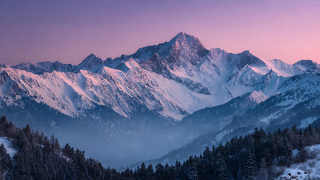 Sharp snowy forms highlighted by delicate morning pastels.
