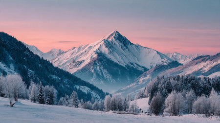 A pastel sunrise spreads warmth across the cold, ultra-detailed mountain landscape.