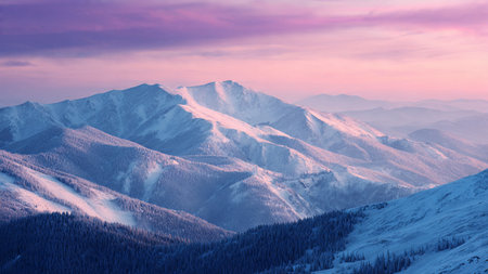 A dreamy pastel sunrise hovers above ultra-detailed winter mountains.