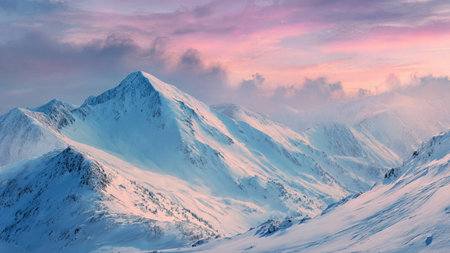 Soft light enriches the icy textures of a winter mountain vista.