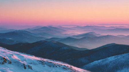 Pastel skies paint crisp mountain scenery.