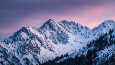 Icy terrain reflects gentle sunrise hues in sharp clarity.の写真素材