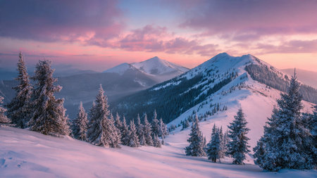 Snowy peaks reflect the gentle tones of a pastel sunrise in high-resolution clarity.の写真素材