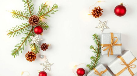 Green spruce and golden lights surround a white card for a warm festive presentation.