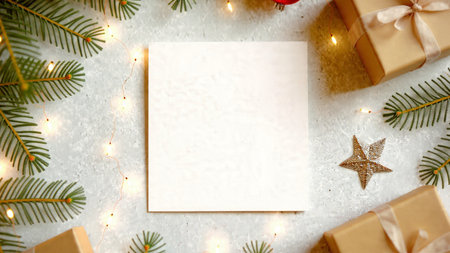 An elegant mix of red ornaments and silver stars arranged in a winter layout.