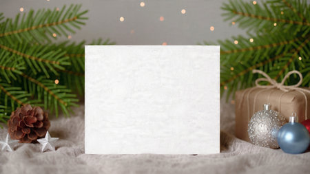 A blank card sits within soft neutral tones, greenery, and natural winter textures.