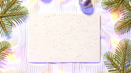 Spruce branches and golden fairy lights frame a blank white Christmas card in a soft, elegant...