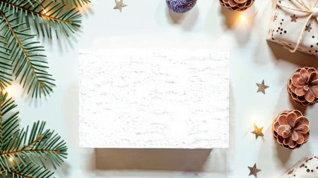 A centered card with beige tones, pinecones, and cozy golden fairy lights.