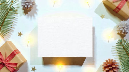 A classic holiday display with frosted gift boxes, red baubles, and metallic silver stars.