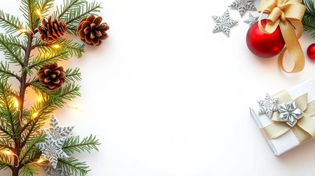 A clean white card illuminated by golden fairy lights, framed with greenery and elegant beige tones.の写真素材