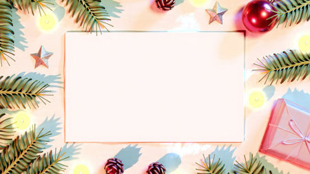A crisp winter background with balanced Christmas ornaments and gifts.