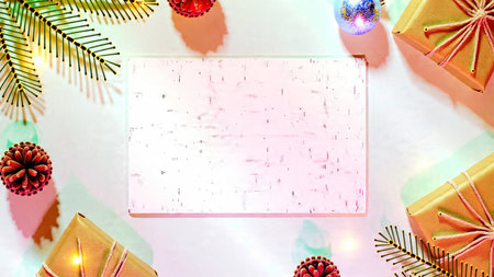 A festive frame of glossy red baubles and metallic silver elements.