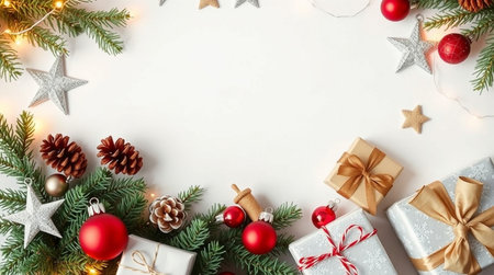 The blank card stands out among golden fairy lights, pinecones, and rich green spruce.の写真素材